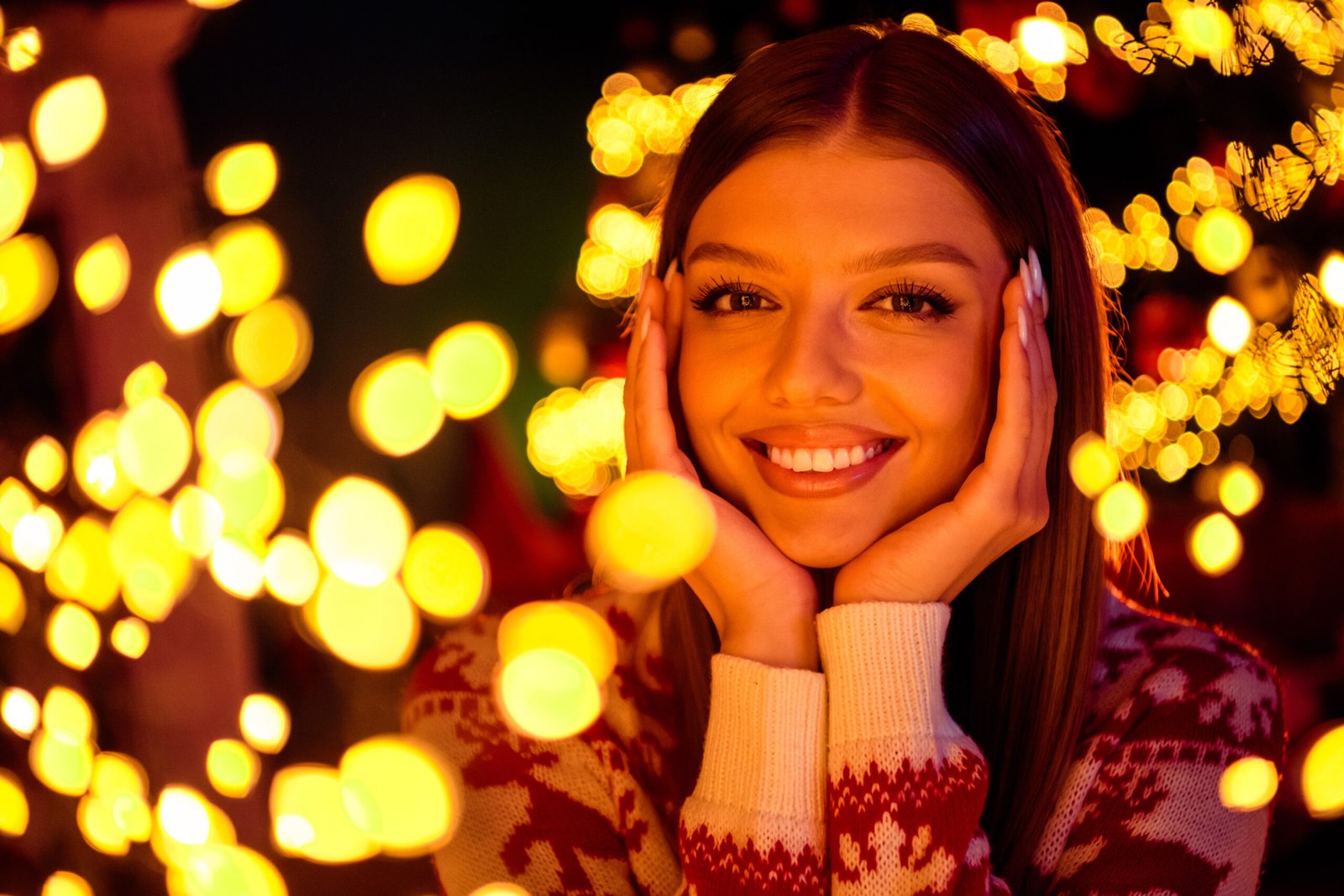 Playful cozy portrait of a smiling young woman under warm fairy lights during winter holidays indoors wearing a festive sweater